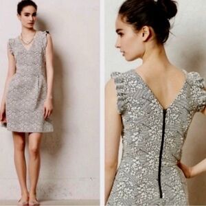 Anthropologie Tabitha Teahouse Dress Gray White Floral Jacquard Size 2